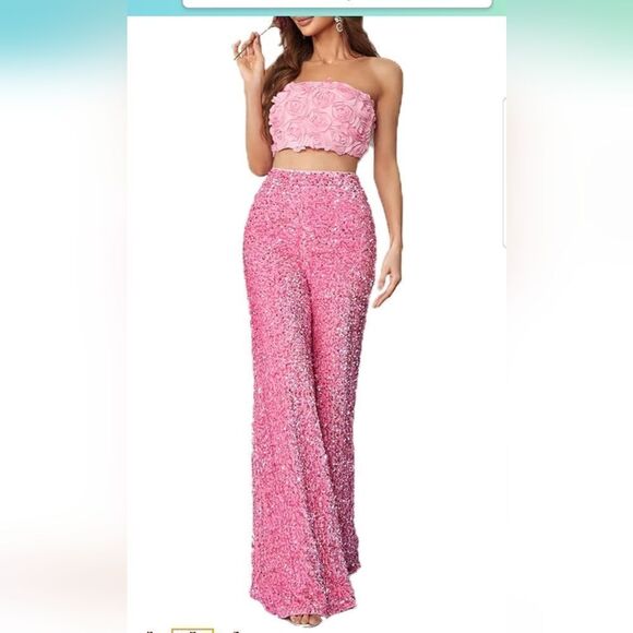 Coord set Pink Floral Applique Tube Top & Sequin Wide Leg Pants Set new wot - Picture 13 of 14